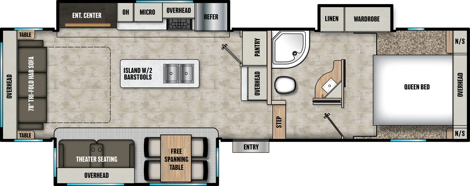 The Phoenix 30RLS floorplan has one entry and three slide outs. Exterior features include: fiberglass exterior and 11' awning. Interiors features include: kitchen island, free-standing dinette option, front bedroom and rear living.